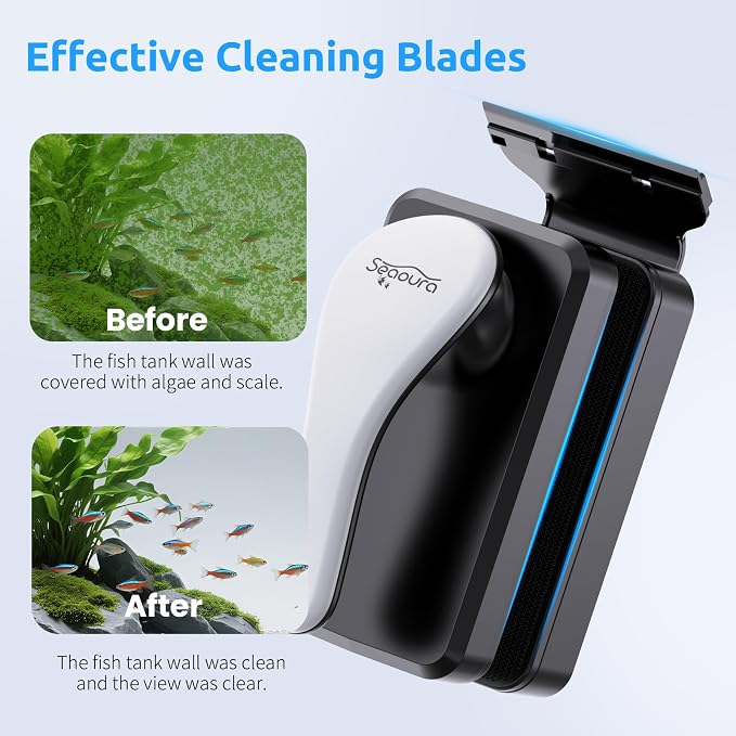SEAOURA Floating Magnetic Aquarium Cleaner Dual Sided Anti Scratch Algae Scraper for Fresh Salt Water Fish Tanks | Floating Inner Magnet Design Dual Sided Algae Removal Pad Anti Scratch Glass Safe Material Strong Adsorption Magnetic Brush