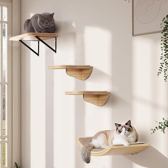 2PCS Cat Wall Shelves with Scratching Mat, 16.6x9.7 Inch Solid Pine Wood Wall Mounted Kitten Floating Shelf, Window Perch Hammock, Cats Wall Furniture for Cats Sleeping, Playing, Climbing