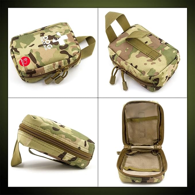 Portable Dog First Aid Kit 72 PCS Medical Supplies with Thermometer Emergency Blanket Splint Pet Emergency Bag for Camping Walking Cycling Car Hiking, Camo