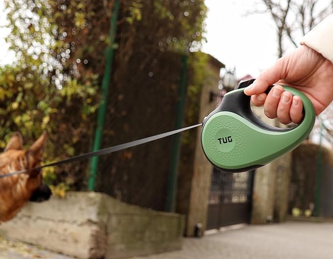 TUG 360° Tangle-Free Retractable Dog Leash with Anti-Slip Handle | 16 ft Strong Nylon Tape | One-Handed Brake, Pause, Lock (Small, Green)