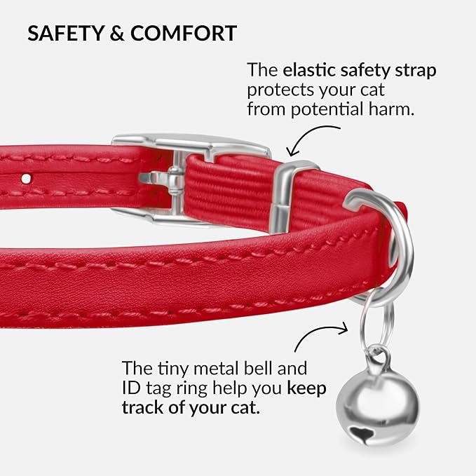 CollarDirect Leather Cat Collar with Removable Bell – Safety Elastic Strap (Breakaway Alternative) – Kitten Collar for Small & Big Boy & Girl Cats