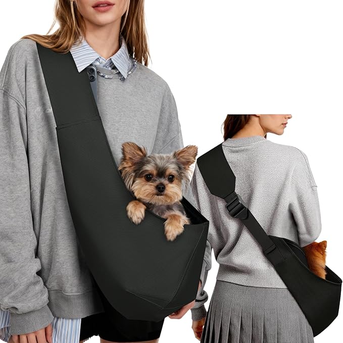 YUDODO Adjustable Dog Sling Carrier for Small Dogs Lightweight Crossbody Pet Bag with Safety Strap, Pocket Storage, Machine Washable, Comfortable Travel & Outdoor Sling up to 9 lbs Black Fashion