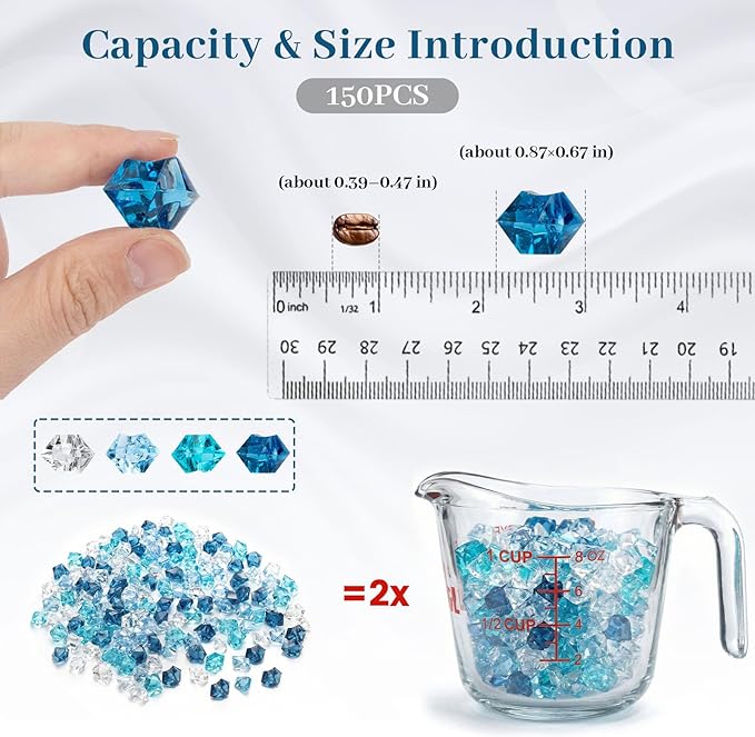 DomeStar 150 PCS Assorted Blue Fake Ice Rocks for Vase Fillers | Acrylic Crystals Gems Aquarium Gravels Small Rocks for Fish Tanks Decorations, Ocean Decor