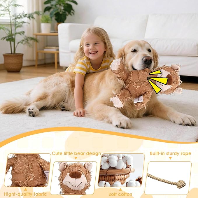 MAXBECK Dog Companion for Heavy Chewers- Indestructible Robust Bear Dog Toy, Resistant Squeaky Dog Toys for Heavy Chewers, Unbreakable Stuffed Plush Dog Toys for Aggressive Chewers (B-Oak)