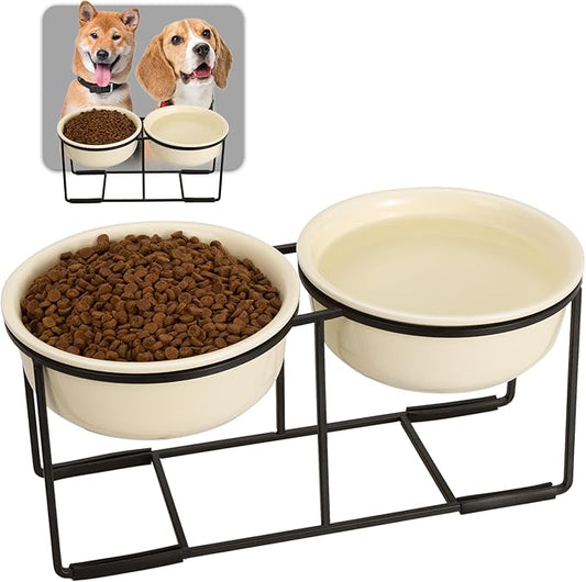 Ceramic Elevated Dog Bowl Set - Raised Food and Water Bowls with Metal Stand - Double Pet Dishes for Small and Medium Dogs - 2 Cups - 27 fl oz - Beige