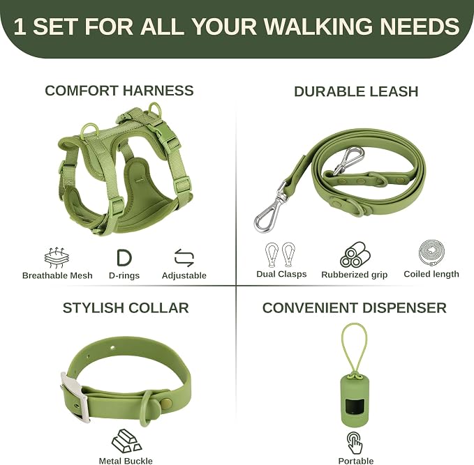4-in-1 No Pull Dog Harness Set with Collar, Leash, Poop Bag, Adjustable, L