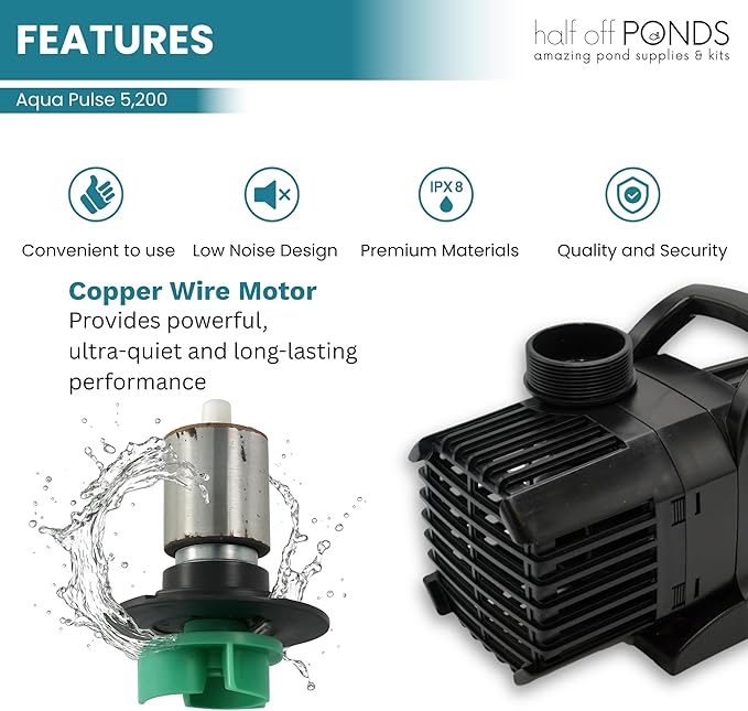 HALF OFF PONDS Submersible Water Pump, 5,200 GPH Pond Pump with 100FT Power Cord and 21FT Max Head, 294W Ultra Quiet Energy Efficient Pump for Koi Pond, Fountain, Waterfall, Water Garden, Skimmer