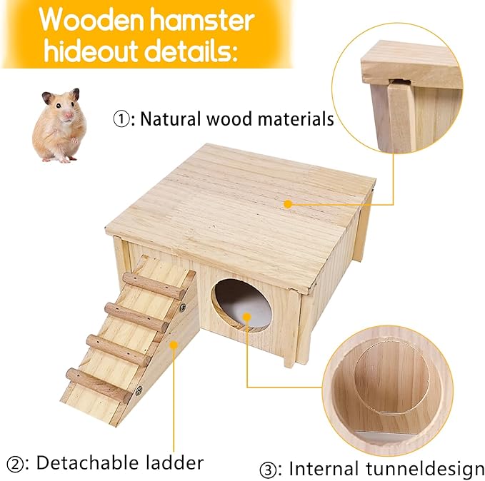 Hamster Wooden House with Ladder Hamster Wood Hideout Activity Platform Exercise Climbing Hut Natural Living Wood Room for Syrian Hamster Gerbil Mice Rat