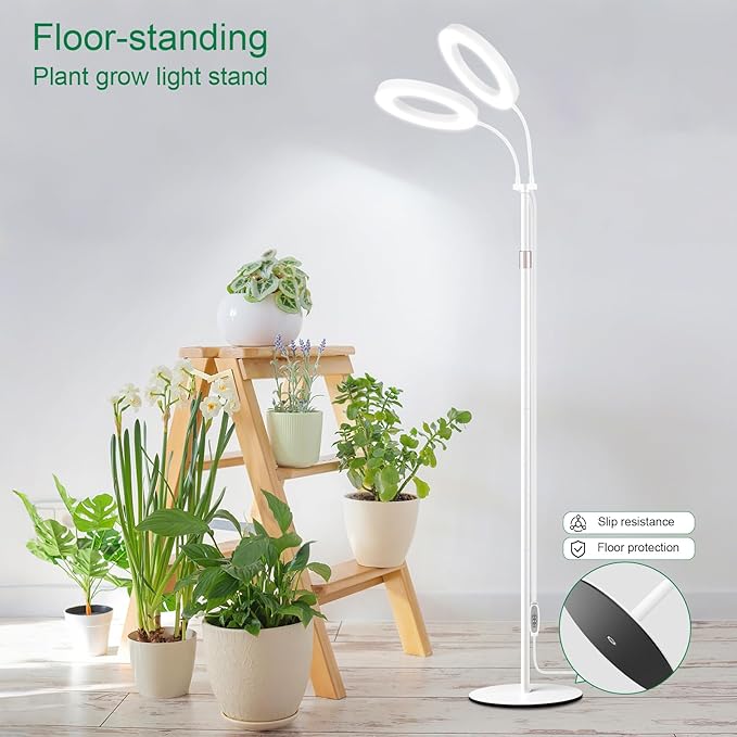 LBW Dual Head Grow Light with Stand for Indoor Plants, Full Spectrum Grow Light for Multiple Tall Plants, Adjustable Height up to 68", Auto Cycle Timer 6/8/12/16H, 5-Level Dimmable, 3 Lighting Modes