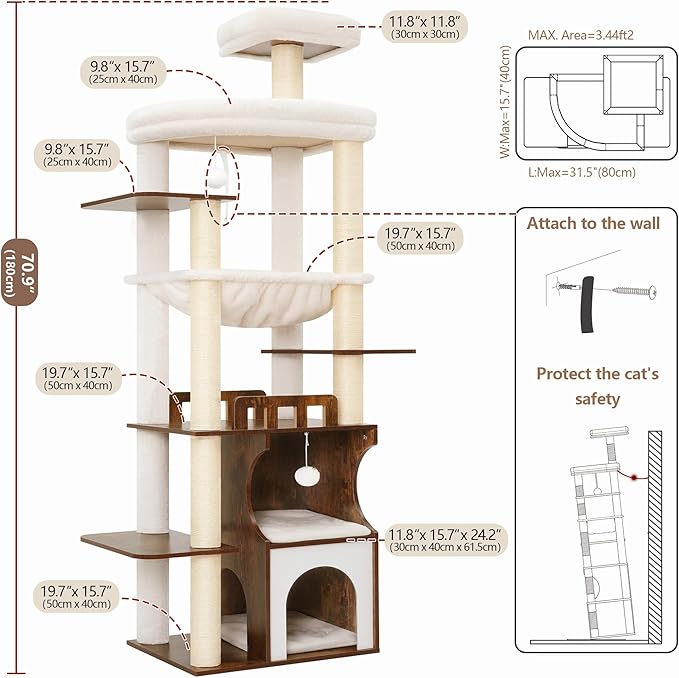 Gitelsnour Cat Tree, 70.9 Inch Wood Cat Tower for Large Cats Adult, Modern Cat Furniture with Double-Layer Wooden Cat Condo, 2 Platforms, Large Hammock and Scratching Posts, Rustic Brown GCT102SR