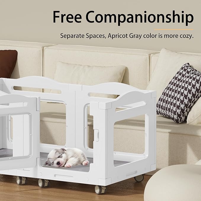 Acrylic Indoor Dog Playpen, Whelping Box with Pet Stroller, Puppy Playpen for Small Medium Pets, Cat Rabbit & Puppies, 6-Panel with Bottom Panel, 8 Wheels, Safe, Sturdy, White