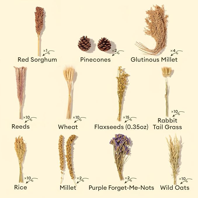 BUCATSTATE Natural Hamster Bedding - Flowers & Herbs & Sprays for Cage Habitat Decor - Treat Cereal Grain for Dwarf Syrian Gerbils, Mice, Rat, Forage, Enrichment (76PCS)