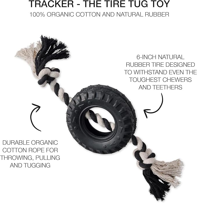 Pet Passion Natural Rubber Tire and Organic Cotton Rope Pull and Chew Dog Toy for All Pet Breeds, Black, Small