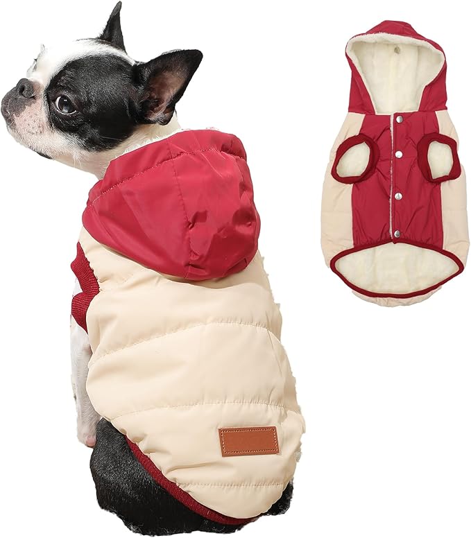 Vecomfy Fleece Lining Extra Warm Dog Hoodie in Winter,Small Dog Jacket Puppy Coats with Hooded,Beige and Red XS
