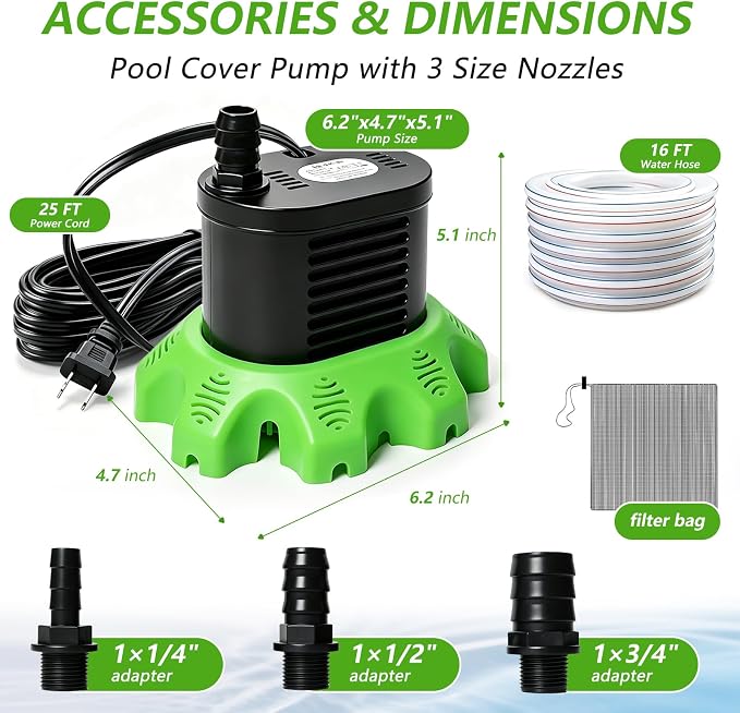 Pool Cover Pump Above Ground, 850 GPH Submersible Sump Pump for Pool Drain | 16FT Drain Hose, 25FT Power Cord, 3 Adapters, Safety and Sturdy, Powerful Water Removal for Pool Cover and Above Ground Pool
