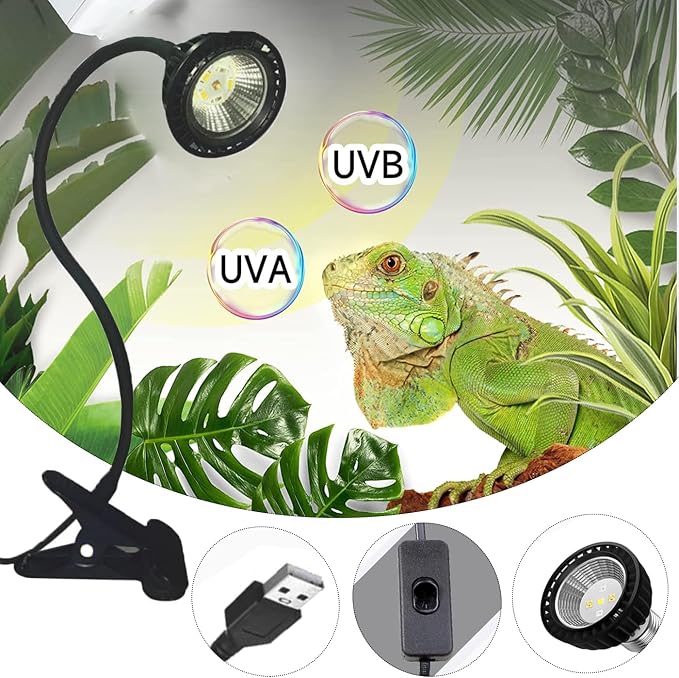 USB Powered Reptile Light UVA UVB 5.0 Basking Lamp with Holder - 360° Adjustable Metal Clamp for Turtle Tank, Lizards & Snakes | 5-12V Safe Voltage, 3W
