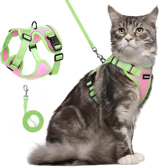 rabbitgoo Cat Harness and Leash Set, Escape Proof Soft Adjustable Vest Harnesses for Outdoor Walking, Easy Control Breathable Kitten Jacket with Reflective Strips, Pink & Light Green, M