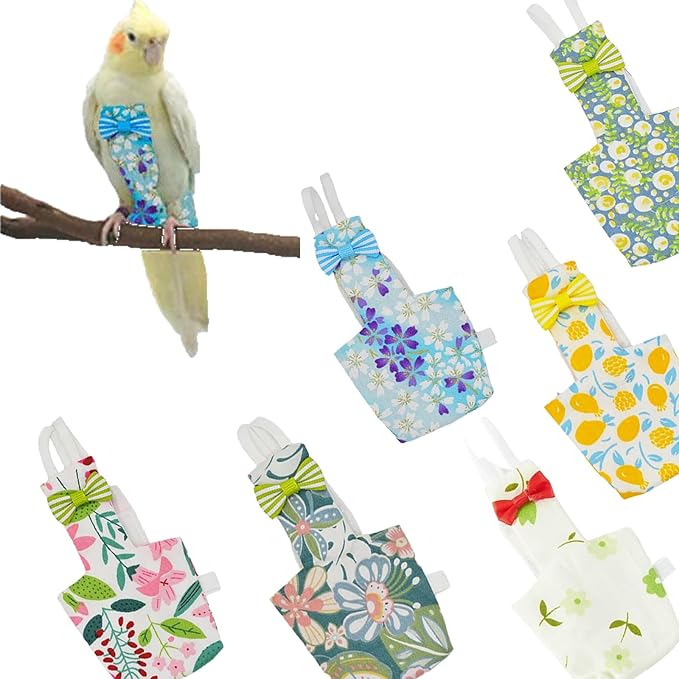 6-Piece Bird Diaper Set for Parrots, Reusable Protective Flight Suits with Waterproof Inner Layer, Washable Urine Wet Suit for Cockatiel, Parakeet, Budgie, and Small Birds (M)