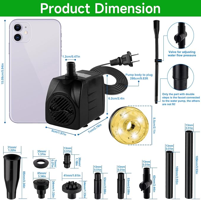 15W 800L/H Submersible Pond Fountain Pump with LED Lights, Ultra Quiet Water Pump, Pond Fountain Pumps for Small Pond, Garden, Aquarium, Fish Tank, Indoor Outdoor Fountain 3 Type Nozzle (Warm)