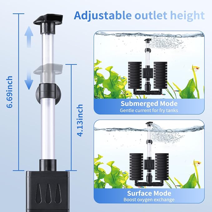 AQQA Electric Sponge Filter for Aquariums, Dual Bio & Mechanical Filtration | 5W 50 GPH Quiet Water Pump with Oxygenation & Water Circulation for 10-40 Gallon Freshwater & Saltwater Fish Tanks