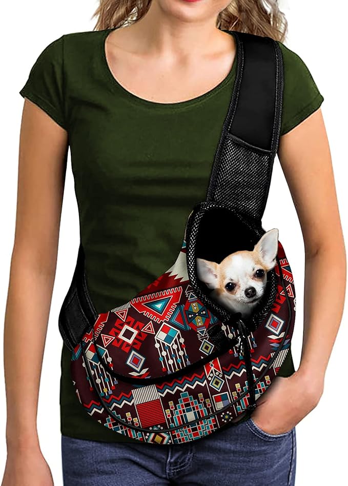 FUSURIRE Aztec Geometry Pattern Pet Sling Carrier Tribal Ethnic Style Breathable Mesh Travel Pet Handbag Safe Sling Bag Carrier for Dogs Cats with Adjustable Shoulder Strap and Reinforced Buckle