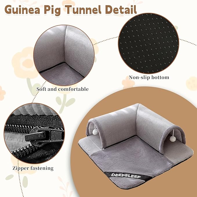 PINVNBY 3Pcs Guinea Pig Hideout Tunnel Tube with Removable Base & 2 Liners and Washable Soft Rabbit Bed & Small Animal Tunnel Tube Cage Accessories for Chinchillas, Hamsters, Ferrets, Bunny（Gray）