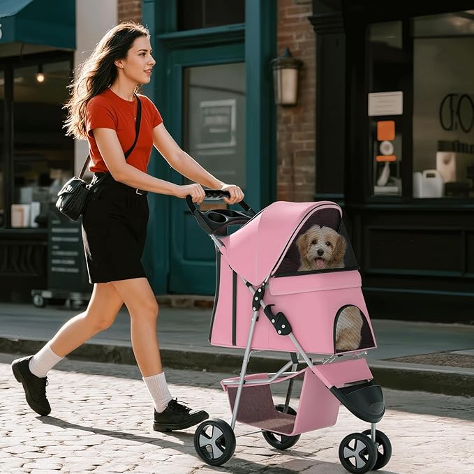 Pink Dog Stroller for Medium Dogs 30 lbs Pet Stroller for Small Dogs Cat Strollers for 2 Cats, 3 Wheels Foldable Jogger Puppy Stroller with Storage Basket and Cup Holder, Pink