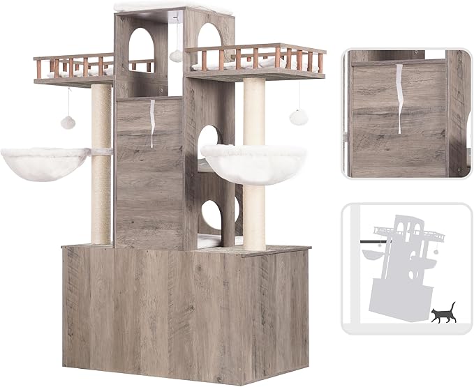 Heybly Cat Tree with Litter Box Enclosure for Indoor Big Cat, Cat Tower for Large Cats 20lbs Heavy Duty, Modern Cat Condo Furniture with Scratching Posts, Rustic Gray HCT110SG