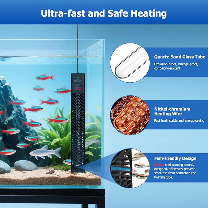 fishkeeper Adjustable Fish Tank Heater 200W/300W for 1-80 Gallon Aquariums | Explosion Proof Submersible Aquarium Heater with LED Digital Display and Overheat Protection for Saltwater & Freshwater Tanks