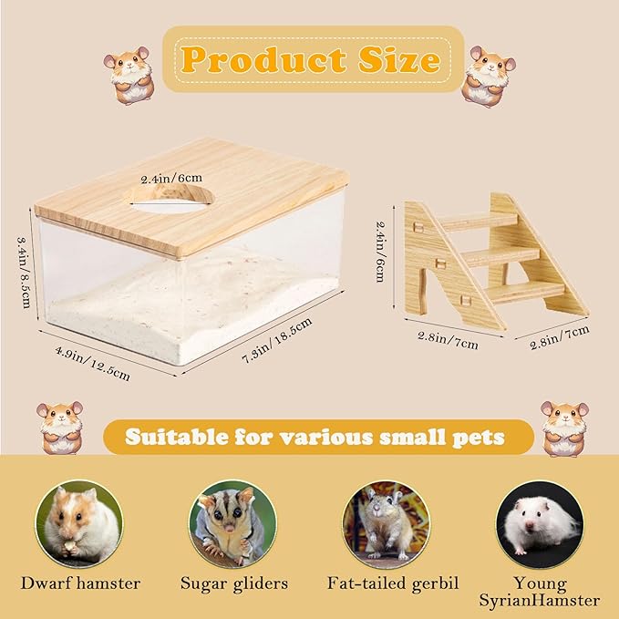 Transparent Hamster Sand Bath Box with Ladder Multi-Functional Dust Bath, Hideout & Digging Box for Hamsters, Chinchillas & Small Pets Easy-Clean Acrylic Habitat Accessory