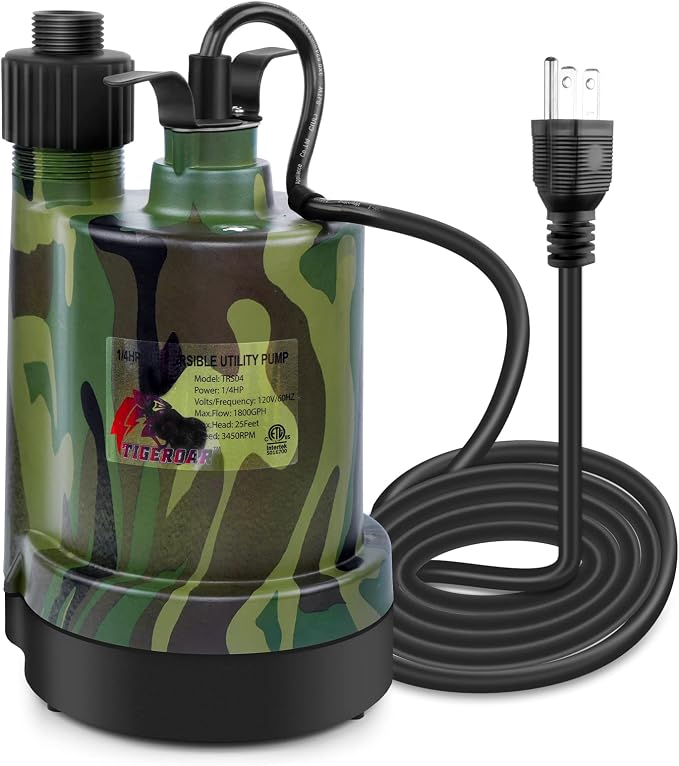 TIGEROAR 120V Submersible Pump 1/4 HP Water Transfer Pump 1800 GPH | Electric Pond Pool Pump Utility Pump with 10 ft. Cord Anticorrosive Plastic Housing and Hose Adapter for Transferring Water