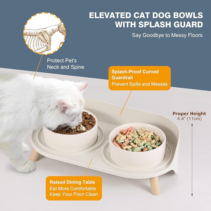 Raised Cat Food and Water Bowl Set - Elevated Ceramic Dishes with Non-Slip Stand and Splash Guard for Small Dogs - 2 x 320 ML (4.9 OZ) - White
