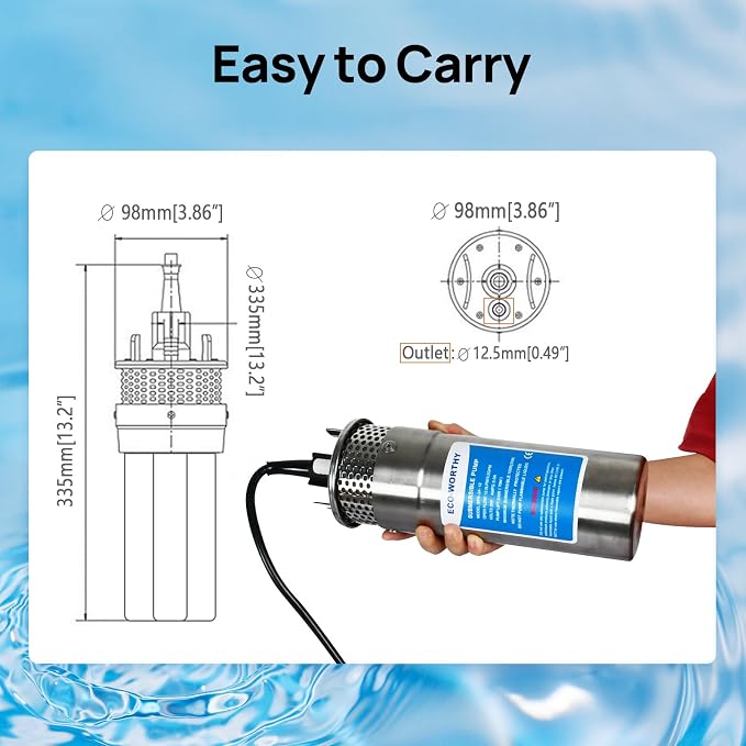 ECO-WORTHY 12V DC Submersible Deep Well Pump, IP65 Waterproof, MAX Flow 3.2GPM, Max Head 230ft, Water Pump Powered by Solar or Battery for Irrigation, Deep Well Water Extraction, Off-Grid Use