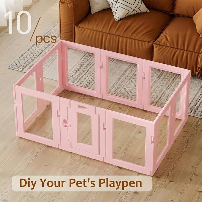 Clear Acrylic Dog Playpen Indoor, Puppy Cat Small Pet Play Pen, Easy Assemble & Disassemble Sturdy Plastic Dog Fence with Heavy Duty Door Lock (24In H, 10PCS), Pink