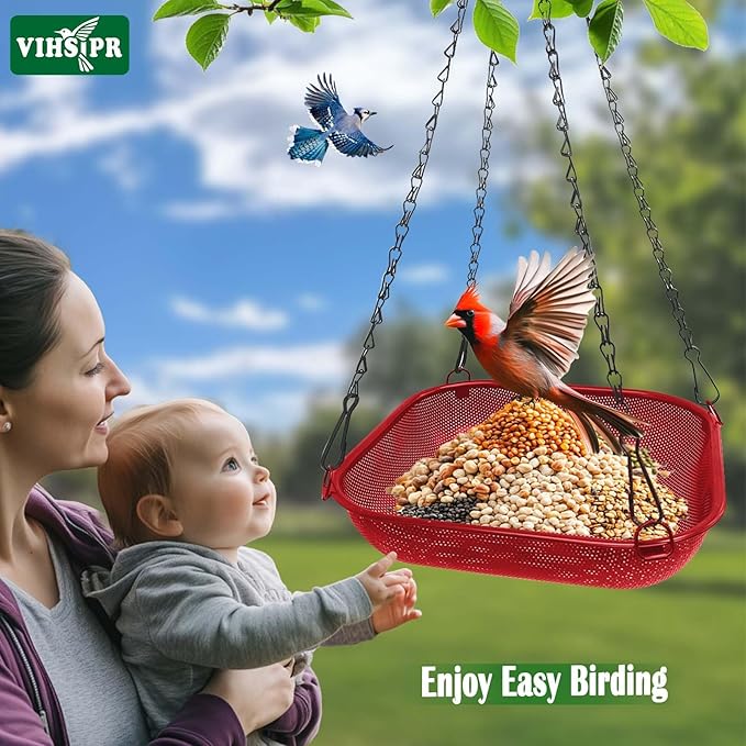 Hanging Bird Feeder for Outdoors – 11 in Square Metal Mesh Bird Feeder Tray Platform for Wild Birds, Red