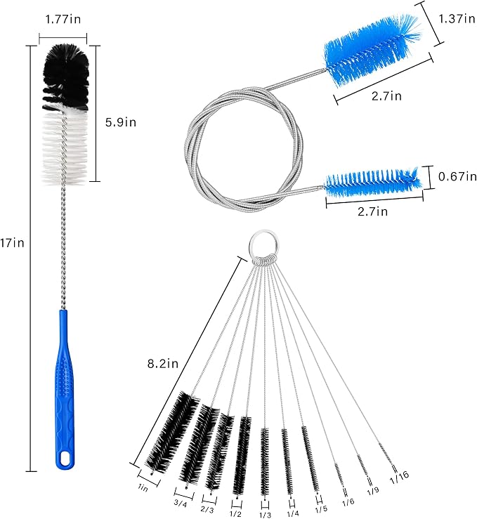 12Pcs Glass Tube Pipe Cleaners Brush Kit,Long Nylon Straw Brush | for Glass Funnel and Bottle,17-inch Long Handle,8.2-in Different Diameters Brushes,35-in Flexible Double-Ended Hose Tool