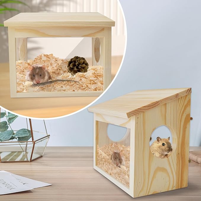 Visible Hamster Digging Box Hamster Sand Bath Container Rat Hideaway Wood Wooden House Hideout Exploration with Acrylic Plate Accessories Dwarf Syrian Rat Hideaway Wood Mice Gerbils Lemmings