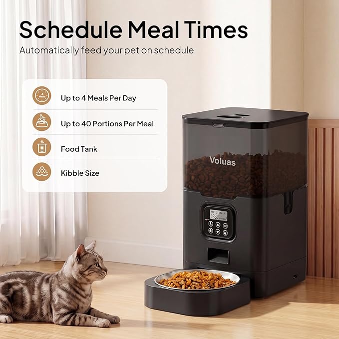 VOLUAS Cat Dry Food Dispenser with Timer, Automatic Cat Feeders with Desiccant Bag, Programmable Portion Size Control 4 Meals Per Day, 10s Voice Recorder