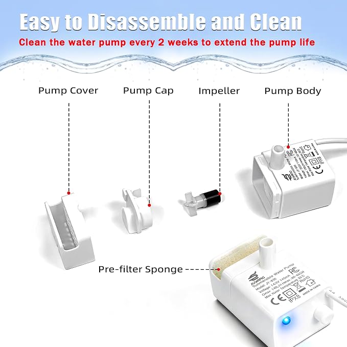 Cat Water Fountain Pump Replacement JY-830 and JY-840 Submersible Motor | (Auto Power-Off When Waterless) Fountains Pump for Stainless Steel Cats Dispensers,Ultra Quiet Dog Drinking Fountain Pump
