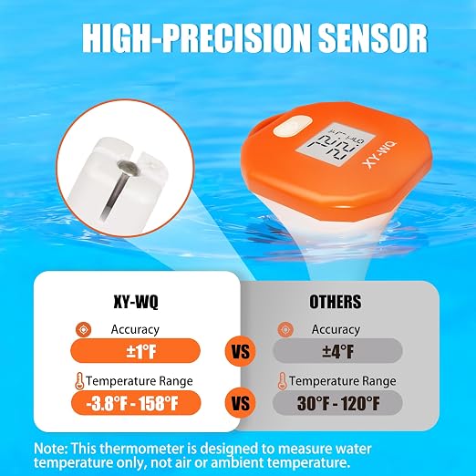 XY-WQ Digital Pool Thermometer, Easy-to-Read, Large LCD, IPX8 | Large LCD with easy-read numbers, IPX8 waterproof housing and safety rope for pools, spas, hot tubs and aquariums.