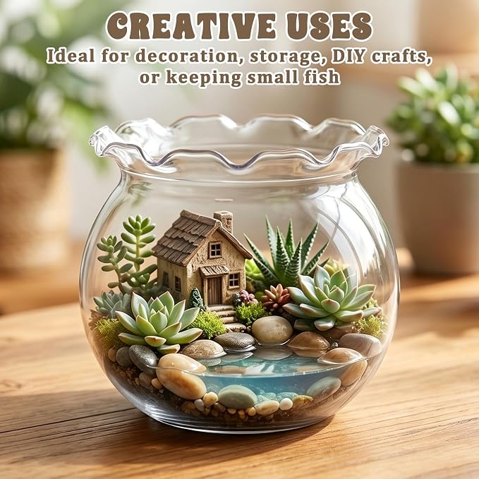 Mini Plastic Fish Bowl with Floral Trim, 27 oz Decorative Fish Bowls Unbreakable Plastic Betta Fishes Tank Clear Round Desktop Vases Bowls for Home Decor, Centerpiece Vases, Candy, Party Favors