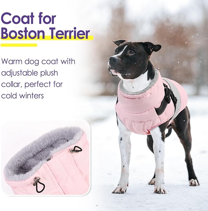 Dog Winter Coat, Waterproof Dog Coat Jacket with Harness for Medium Breeds Boys Girls, Reflective Fleece Lined Pet Snow Jacket Sweaters for Pug, Jack Russel, Boston Terrier, Pink M