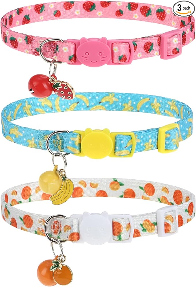 Breakaway Cat Collars with Bell & Cute Pendants, 3 Pack Safety Buckle Kitten Collars, Adjustable Pet Collar Ideal for Girl Boy Cats Puppy (Fruit Pattern)