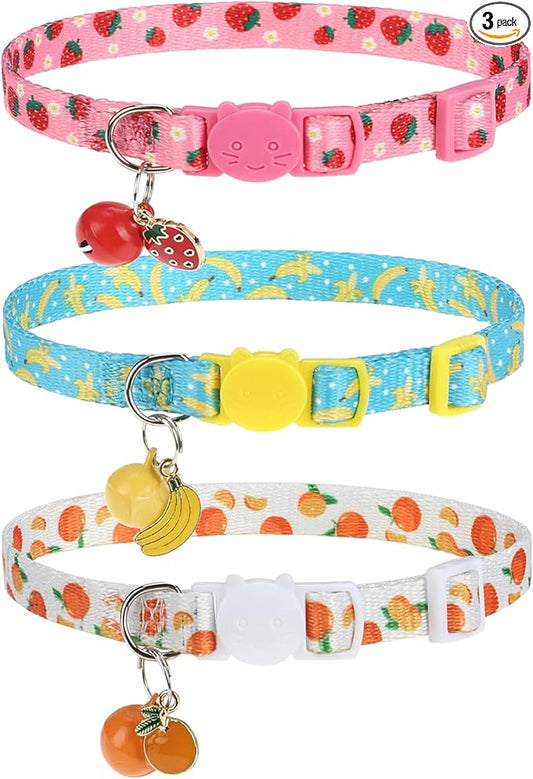 Breakaway Cat Collars with Bell & Cute Pendants, 3 Pack Safety Buckle Kitten Collars, Adjustable Pet Collar Ideal for Girl Boy Cats Puppy (Fruit Pattern)