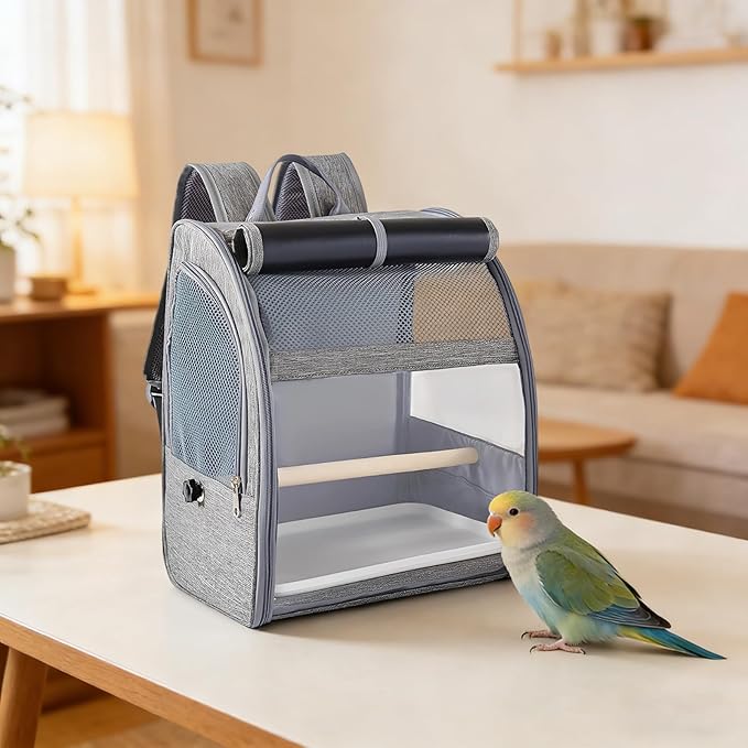 Breathable Bird Backpack Carrier, Gray Pet Travel Cage with Mesh Window, Portable Parrot Backpack for Cockatiel, Pigeons, Includes Removable Perch & Tray, 12.2 X 9.6 X 15 in