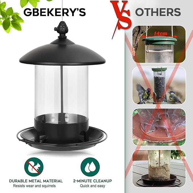 Gbekery Metal Bird Feeders for Outdoors Hanging, Weather Resistant Wild Bird Feeder with 360 Degree Feeding Tray, Black