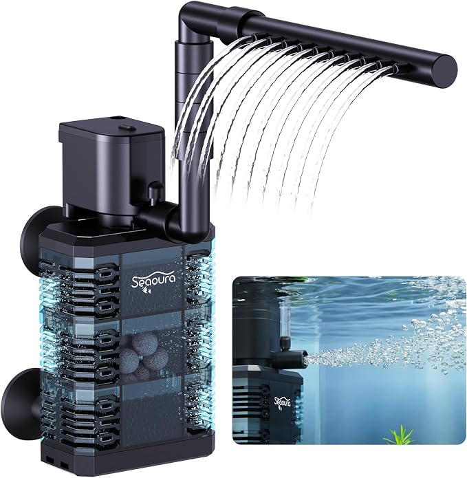 SEAOURA Quiet Internal Aquarium Filter 100GPH Water Pump for 5-15 Gallon Fish Tanks Aeration System | Built-in Aeration Oxygen System Stable Circulation Pump Detachable Washable Filter Sponge Compact Submersible Internal Design