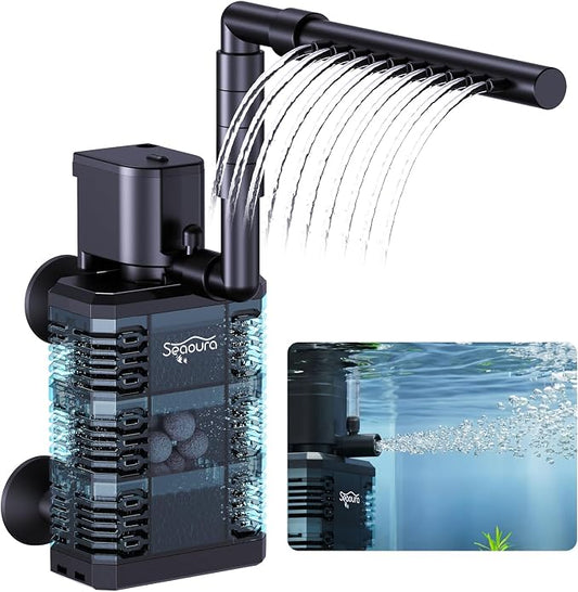 SEAOURA Quiet Internal Aquarium Filter 100GPH Water Pump for 5-15 Gallon Fish Tanks Aeration System | Built-in Aeration Oxygen System Stable Circulation Pump Detachable Washable Filter Sponge Compact Submersible Internal Design