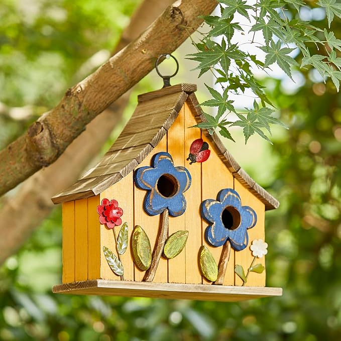 Glitzhome Bird Houses for Outside, 10.75" L Distressed Solid Wood Hanging Birdhouse with 3D Flowers Rustic Two-Story Townhouse Hand-Painted Garden Bird Houses for Outdoors,Washed Yellow