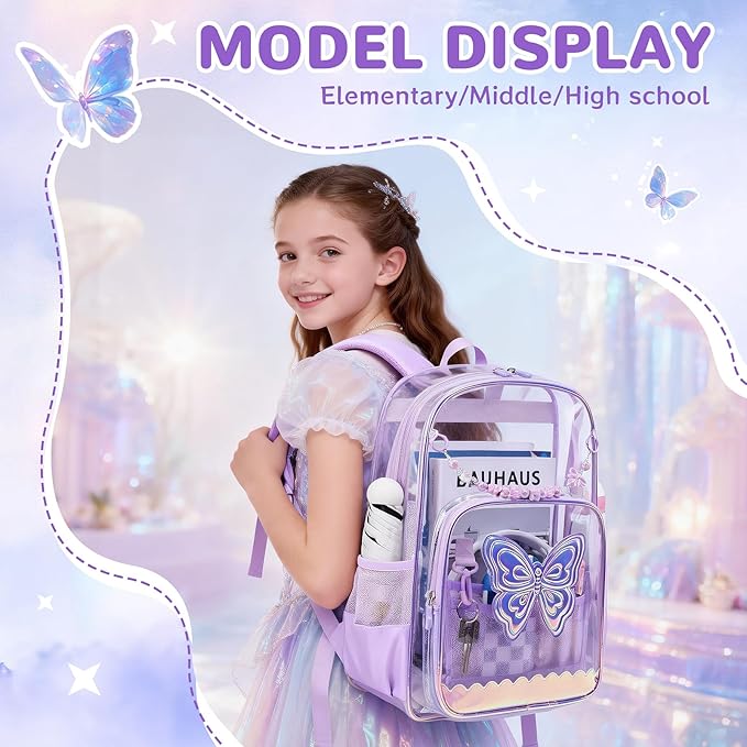 MUSEVOS Clear Backpack, Clear Bookbag for School PVC Heavy Duty Transparent Backpack for Girls, Purple Butterfly